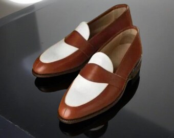 Handmade Men’s Brown and White Leather Slip On Shoes, Two Tone Spectator Dress Shoes, Formal Wedding Loafers for Men