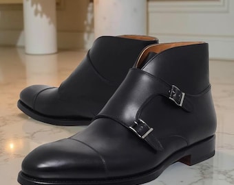 Mens Handmade Black Double Monk Strap Boot High Quality Pure Leather Shoes