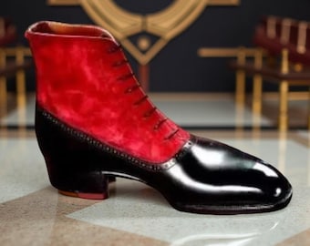 Handmade men black leather red Suede ankle boots, lace up office dress boots