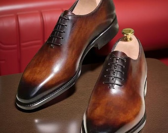 Men's Handmade Brown Leather Black Shaded Oxford Whole-Cut Lace Up Dress Shoes