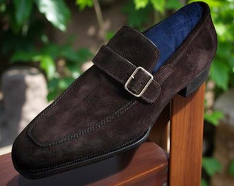 Handmade Brown Suede Single Monk Strap Shoe, Dress Shoe, Business Shoes