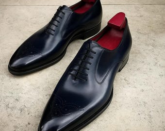 New Premium Quality Handmade Men's Blue Leather Oxford Lace up Brogue Shoes