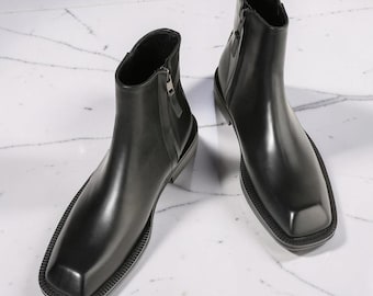 Botines de cuero negro hechos a mano para hombre, botines con cremallera y punta cuadrada, botines de vestir personalizados, botines de boda para hombre, regalo para él.