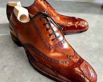 Men's Handmade Brown Leather Wingtip shoes Brogue Lace Up Formal Dress Shoes