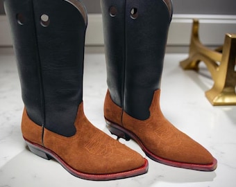 New Men’s Handmade Western Cowboy Boots | Brown Suede & Black Leather Pointed Toe Boots | Custom Handmade Rodeo Style Footwear Gift For Him