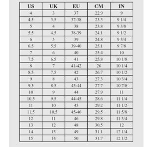 May include: A shoe size conversion chart with US, UK, EU, CM, and IN measurements. The chart includes sizes from US 4 (9 inches, 22.9 cm) to US 15 (12 1/2 inches, 31.7 cm), with corresponding UK and EU sizes.