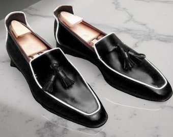 Custom Made Black Leather Moccasin Shoes, Men's Tassels Dress & Formal Shoes