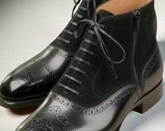 Bespoke Black Leather Oxford Shoes, Handmade Black Leather Formal Dress Shoes