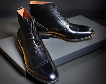 handmade Mens black Cap toe lace up boot, Men ankle leather boot, Men black boot