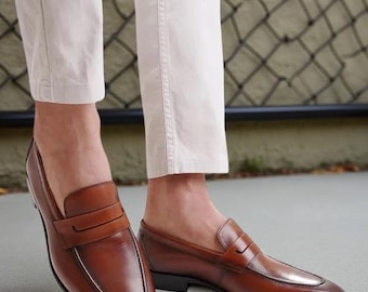 Handmade men brown leather moccasin, dress leather shoes for mens, loafer shoes