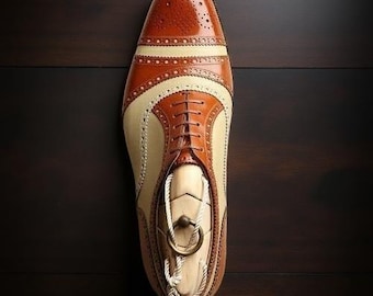 Buy Bespoke Handmade Beige and Brown Leather Brogue Formal Dress Toe Cap Shoes