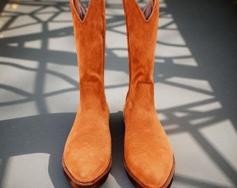 Men's Orange Suede Western Boots | 16 Inch Cowboy Style, Double Leather Sole Gift For Him