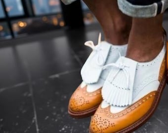 Handmade Men's Wing Tip Brogue Fringes Lace Up Dress Shoes, Real Leather Shoes