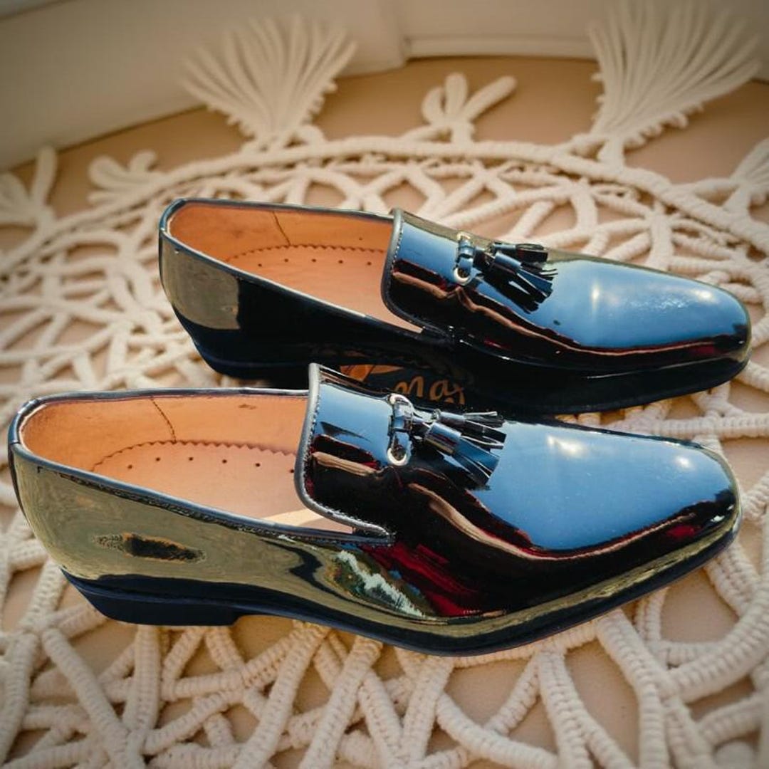 New Handmade Patent Leather Shoes, Tassel Loafers – Glossy Slip-on ...