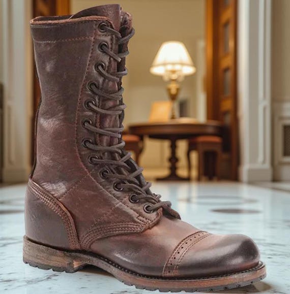Mens Antique Brown Military Style Boots, Ankle Cap Toe Biker Boots, Dress Boots