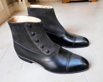 Men's Handmade Two Tone Balmoral Button Ankle High Boots