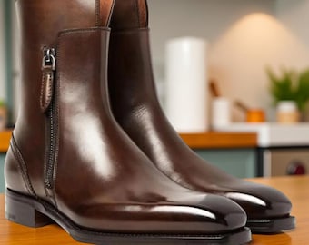 Nuevas botas de cuero con cremallera para hombre hechas a mano. Nuevas botas de vestir hasta el tobillo, zapatos para hombre.