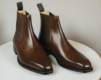 Handmade Men Brown Leather Chelsea Boots, Men Ankle Leather Office Boots