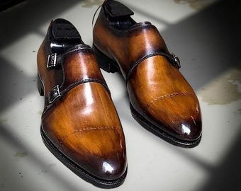 Handmade Shoes Men, Handmade Leather Shoes, Men's Dress Double Monk Strap Shoes
