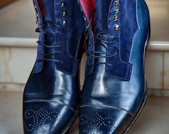 Handmade Two Tone Ankle Boots Blue Leather and Suede Lace Up Dress Boots For Men