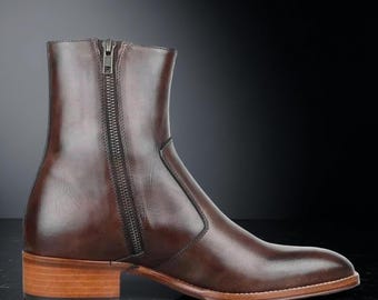 Botas de cuero genuino marrón con cremallera hasta el tobillo, estilo motero, formales, hechas a mano, para hombre.
