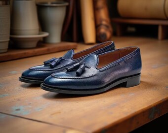 Handgjorda Herr Marinblå Läderskor Tofsar Mockasiner Loafer Slip-On Festsko