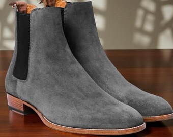 Handmade Real Suede Leather Gray Chelsea Ankle Casual Office Dress Boots For Men