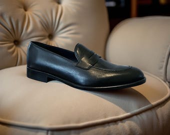 Men’s Handmade Black Leather Penny Loafers | Classic Formal Dress Shoes | Genuine Leather Slip-On Moccasins | Office & Wedding Shoes