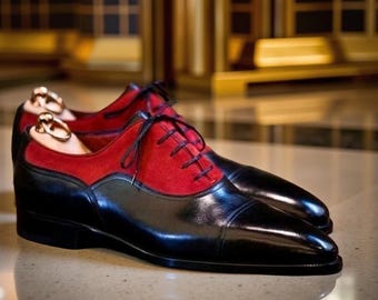New Bespoke Black Leather Red Suede Oxford Lace Up Fashion Handmade Formal Shoes