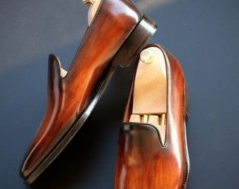 Zapatos de cuero marrón sin cordones hechos a mano para hombre, para fiesta y boda.