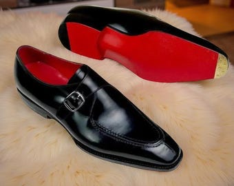 Handgemaakte zwarte leren geklede schoenen voor heren | Luxe formele schoenen met rode zool | Elegante bruiloft- en kantoorschoenen