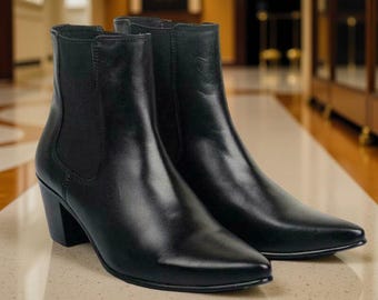 Handmade Mens Real Leather Pointy Boots Toe Cuban Heel Chelsea Ankle British Dress Shoes