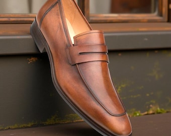 Handgemaakte bruine kalfsleren penny-loafers voor heren | Klassieke instapschoenen | Formele kantoor- en bruiloftsschoenen