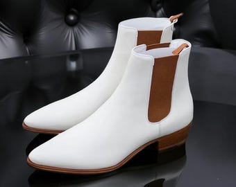 New Handmade White Leather Chelsea Ankle Boot, Pull On Boot, Office & Wedding Boots