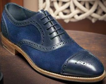 Handgemaakte herenschoenen Tow Tone blauw suède en leer Oxford vleugeltip formele laars Nieuw