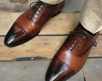 Handmade Men's Brown Leather Oxford Brogue Lace Up Cap-Toe Dress Gift new Shoes