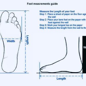 May include: A foot measurement guide with illustrations and instructions. The image shows how to measure foot length and width using a sheet of paper and a wall. The text provides step-by-step instructions for accurate measurements.