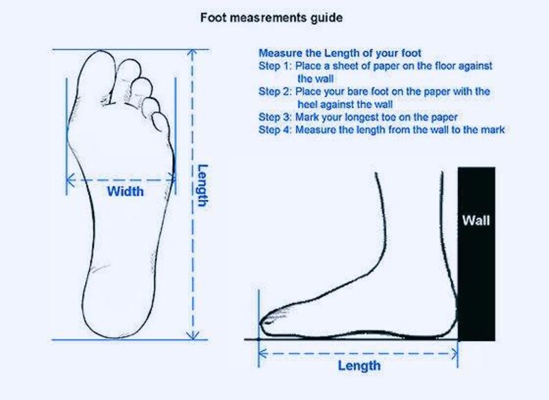 May include: A foot measurement guide with illustrations and instructions. The image shows how to measure foot length and width using a sheet of paper and a wall. The text provides step-by-step instructions for accurate measurements.