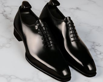 Pure handgemaakte echt zwarte leren Oxford herenschoenen met veters en veters