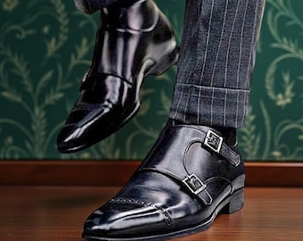 Handmade Black Brogue Double Monk Leather Shoes, Men Office Shoe, Buckle Shoes