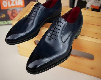 Bespoke handmade navy blue leather oxford lace up dress formal Wedding men Shoes