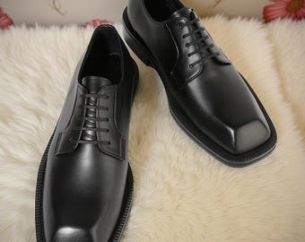Handgemaakte matzwarte leren Oxford Derby-schoenen met vierkante neus voor heren, trouw- en kantoorkleding
