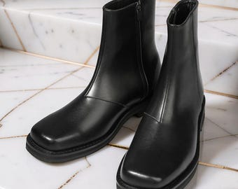 Men’s Black Leather Chelsea Boots, Square Toe Ankle Boots with Zipper, Handmade Dress Boots, Formal Wedding Shoes for Men, Gift for Him
