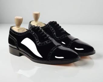 Handmade Men's Patent Black Leather Brogue Oxford Lace Up Business Shoes