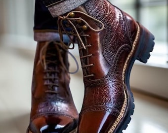New Handmade Men's Chocolate Brown Leather Boots Lace up Ankle Dress Shoes