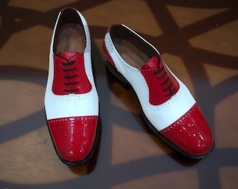 Turkish Handmade Oxford Two Tone Red White Leather Brogue Cap Toe Spectator Shoe