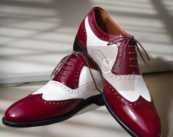 Nieuwe handgemaakte rood-witte leren veterschoenen Oxford vleugeltip brogueschoenen