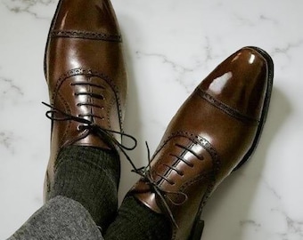 Handmade Brown Leather Dress Shoe, Oxfords Lace Up Formal Toe Cap Brogue Shoes