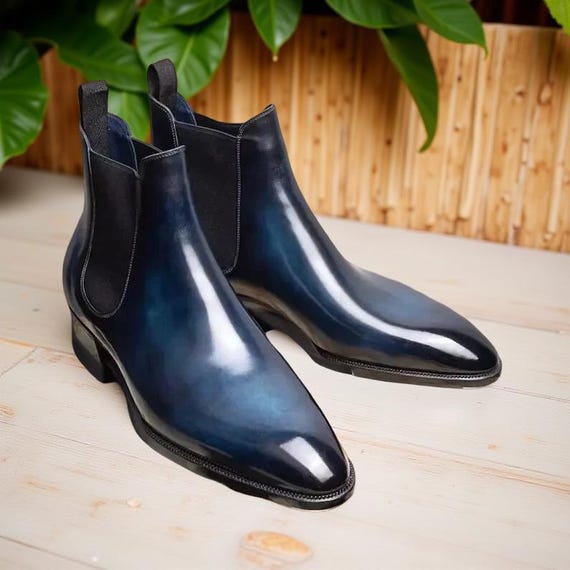 New Handmade Deep Blue Patina Chelsea Boots Leather Fashion Dress Boots For  Men.