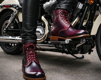 Handgemaakte bordeauxrode en marineblauwe patina leren bikerboots heren | Handgeschilderde leren enkellaarsjes | Aangepaste motorlaarzen